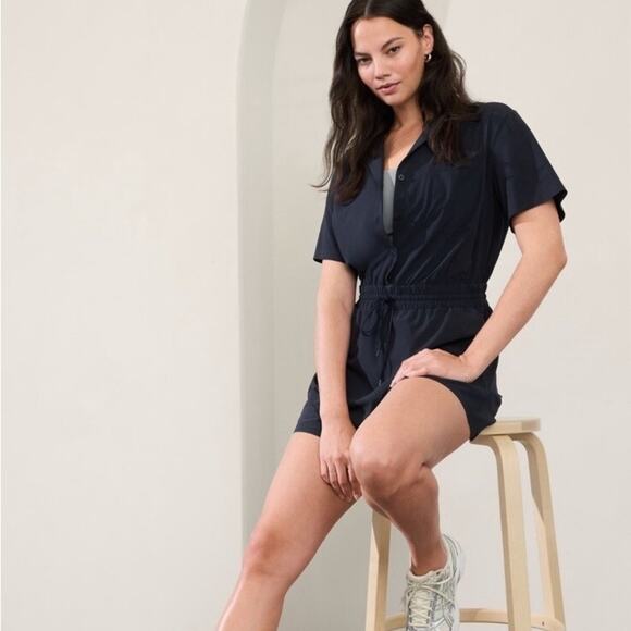 Athleta Avenue Romper Navy Blue Stretch Drawstring Collared Athletic Comfort S - Picture 1 of 7